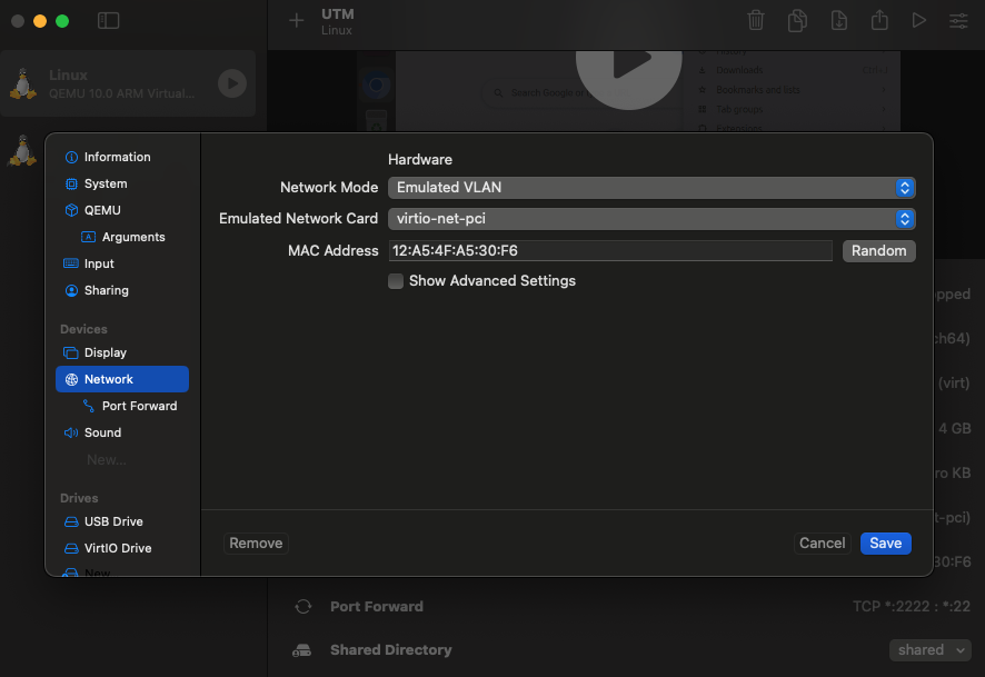 UTM network mode set to Shared Network
